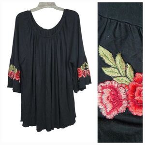 Women's 3XL Black Floral Embroidered Bell Sleeve Tunic Top Ruffled Peasant Plus